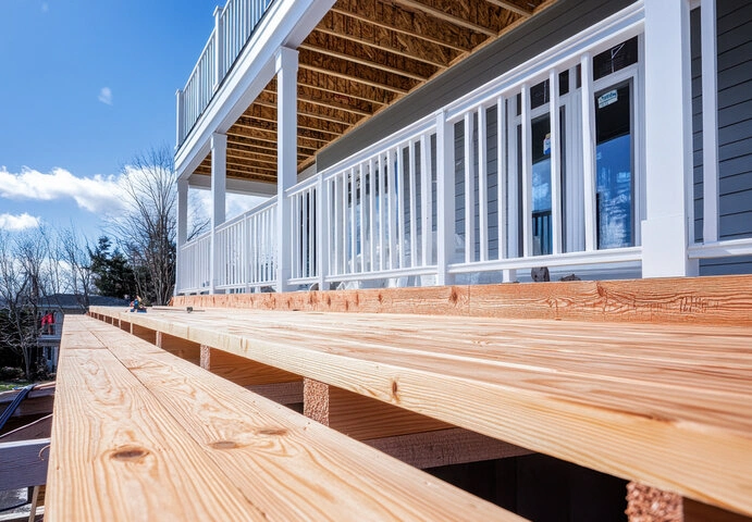 Professional deck installation team reviewing residential wood deck plans with homeowner